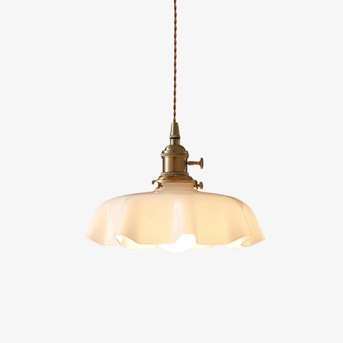 French Style Pendant Light With Scalloped Cream Glass Shade And Brass Fitting