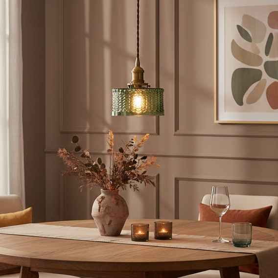 Textured Glass Round Ceiling Pendant Light in Brass and Copper Lasanble