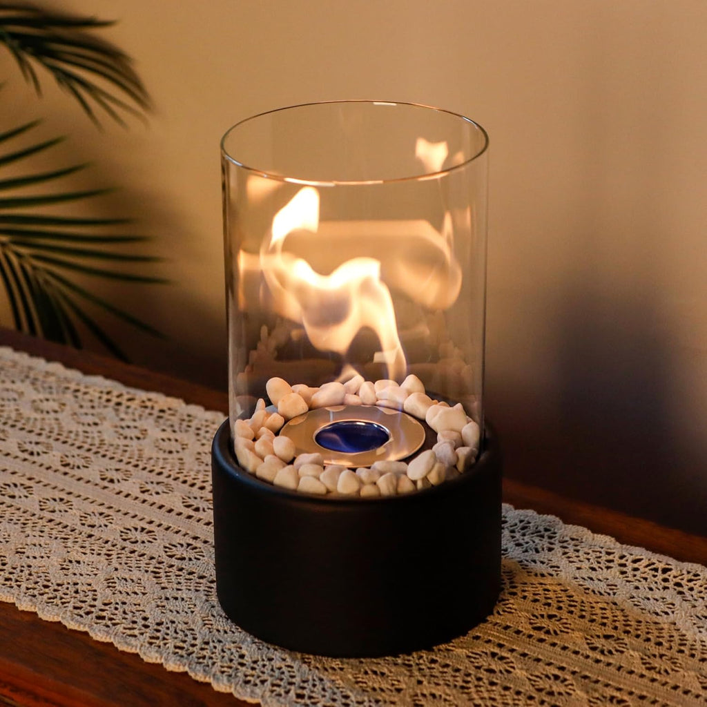 Tabletop Bioethanol Fireplace With Glass Cylinder And Metal Base
