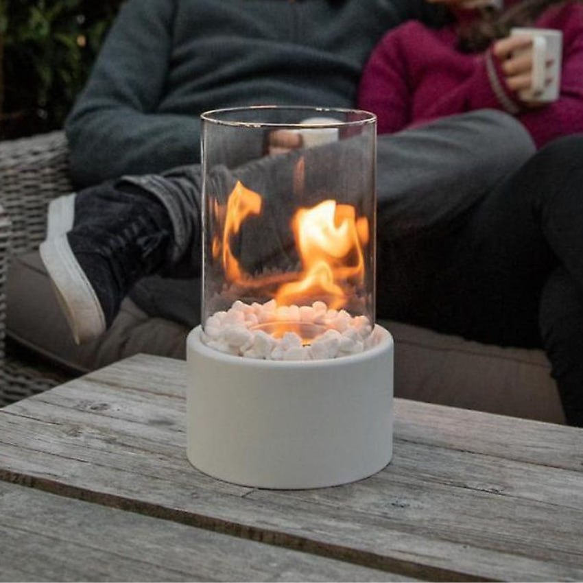 Tabletop Bioethanol Fireplace With Glass Cylinder And Metal Base