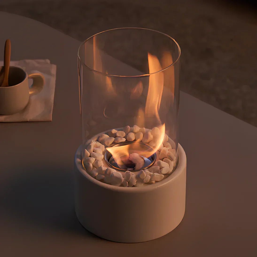 Tabletop Bioethanol Fireplace With Glass Cylinder And Metal Base