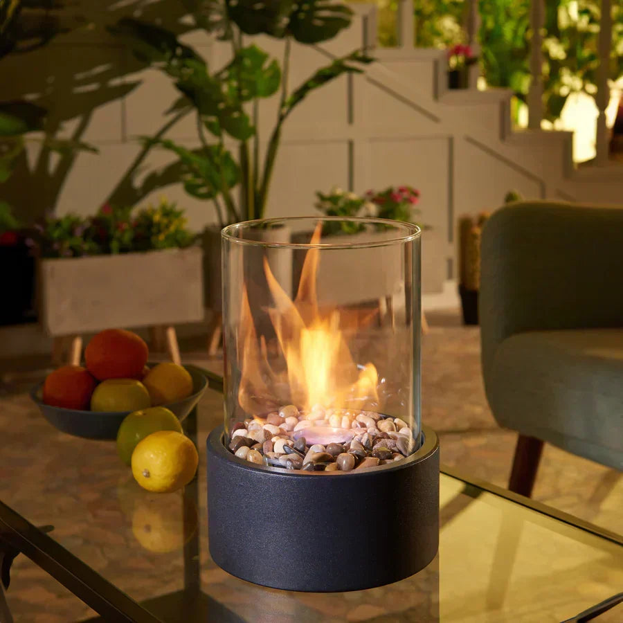 Tabletop Bioethanol Fireplace With Glass Cylinder And Metal Base