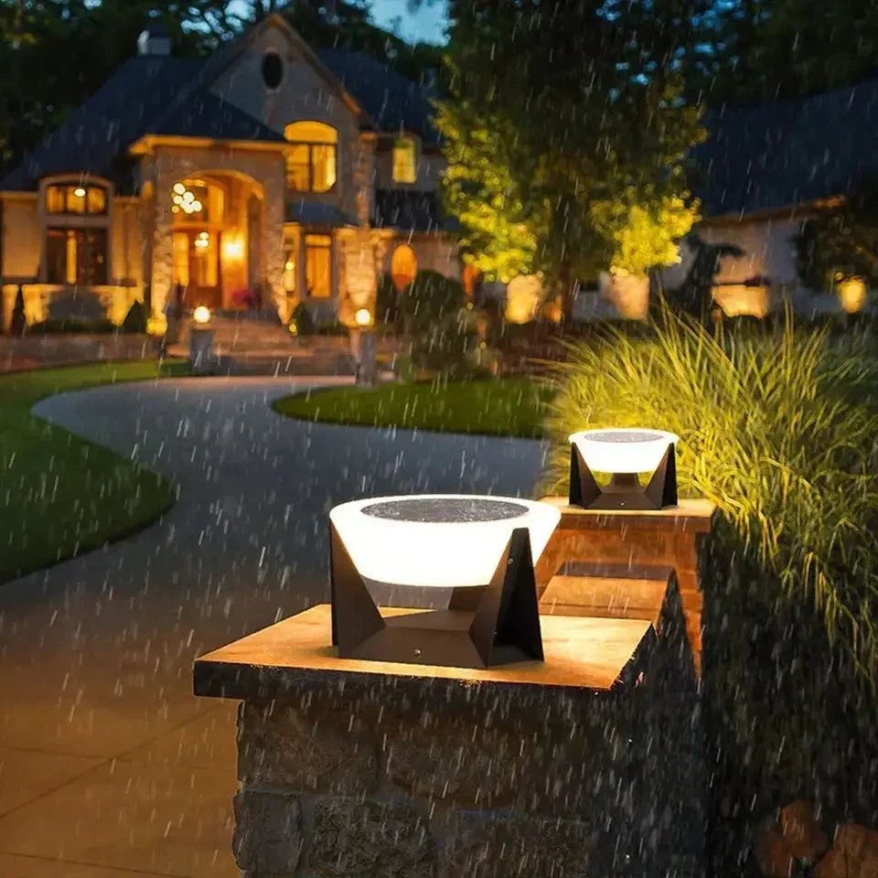 Black Solar Garden Pathway Lamp with Square Housing and White Top