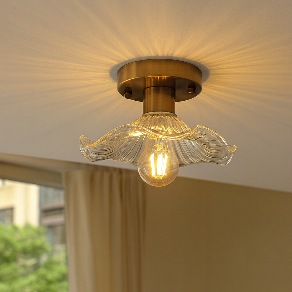 Vintage Floral Glass Ceiling Light Hibiscus Petal Shade Brass Fixture