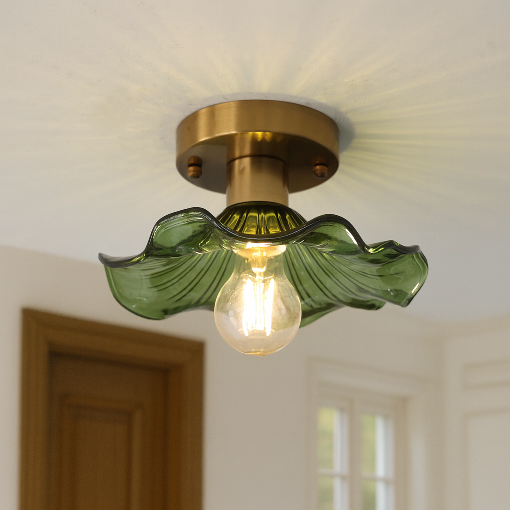Vintage Floral Glass Ceiling Light Hibiscus Petal Shade Brass Fixture