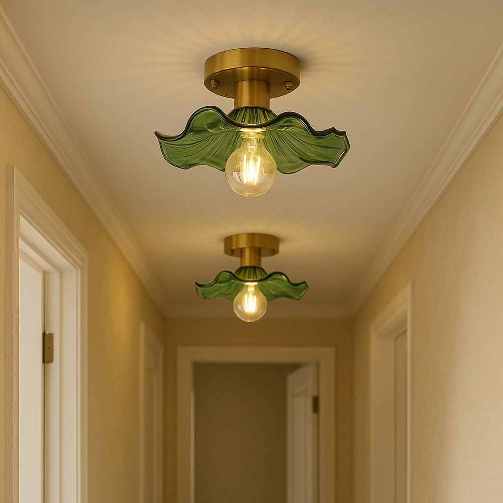 Vintage Floral Glass Ceiling Light Hibiscus Petal Shade Brass Fixture