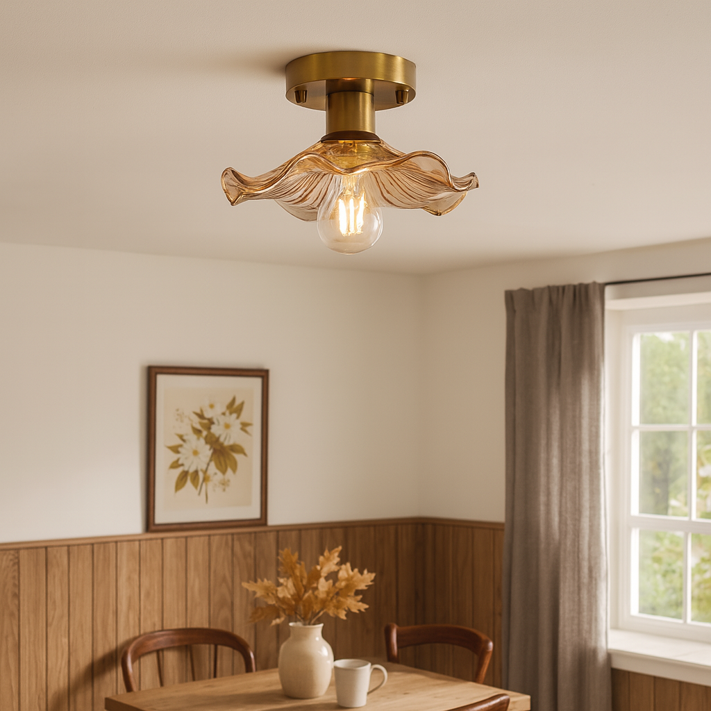 Vintage Floral Glass Ceiling Light Hibiscus Petal Shade Brass Fixture