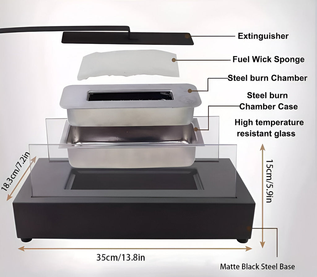 Rectangular Tabletop Bioethanol Fireplace With Glass Panels for Indoor Use