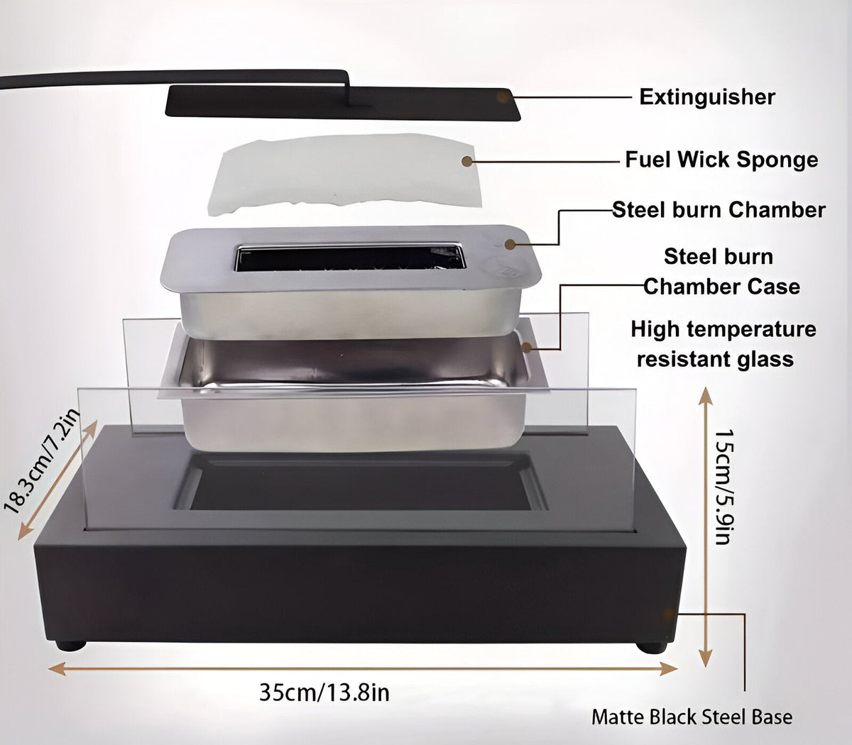 Rectangular Tabletop Bioethanol Fireplace With Glass Panels for Indoor Use