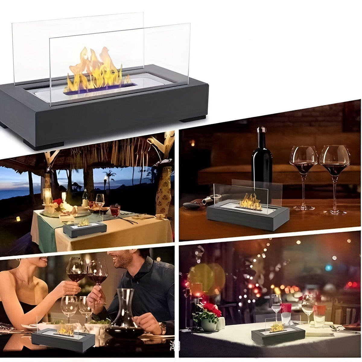 Rectangular Tabletop Bioethanol Fireplace With Glass Panels for Indoor Use