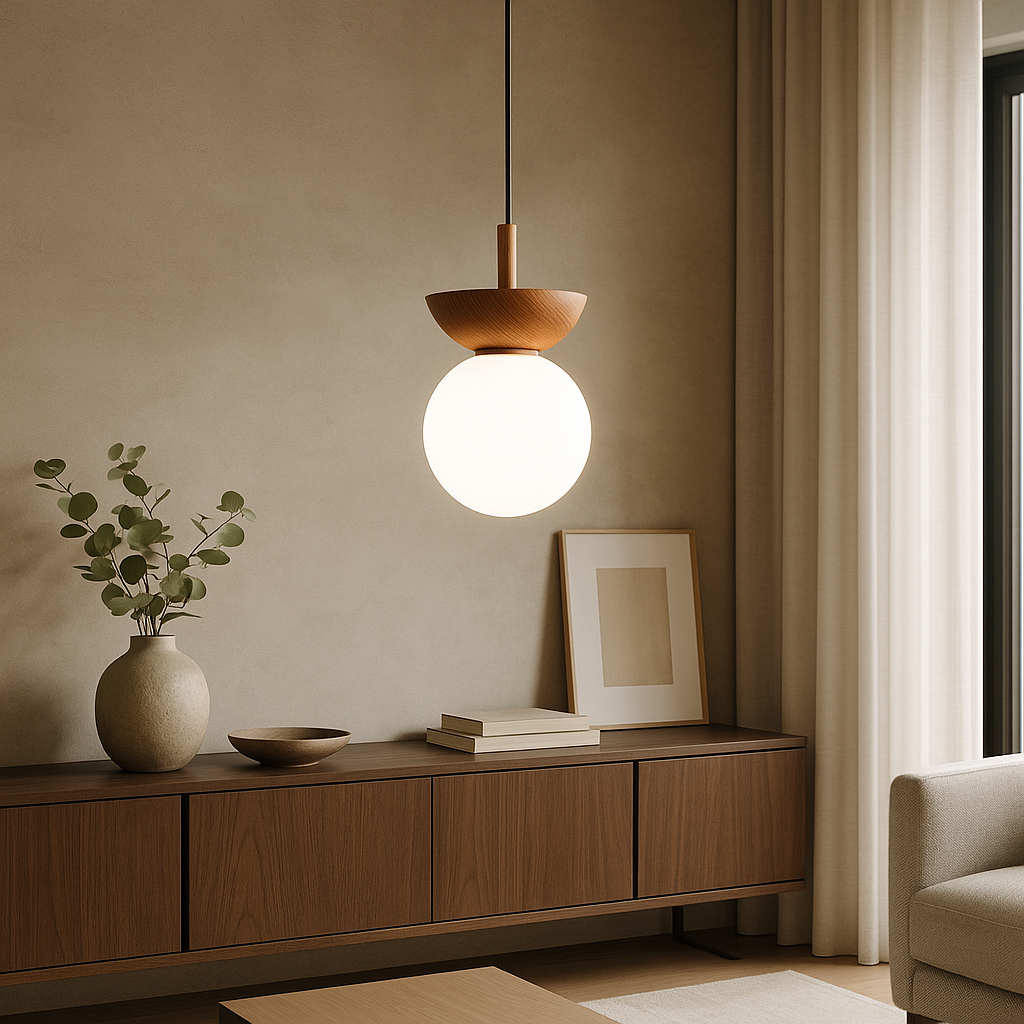 Japandi Wooden Globe Pendant Light For Ambient Interior Lighting