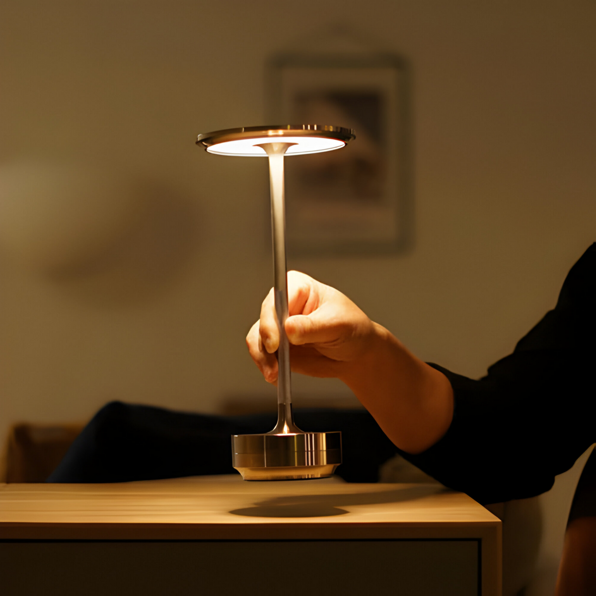 Rechargeable LED Table Lamp with Disc Light Head and Metal Base for Desk Use