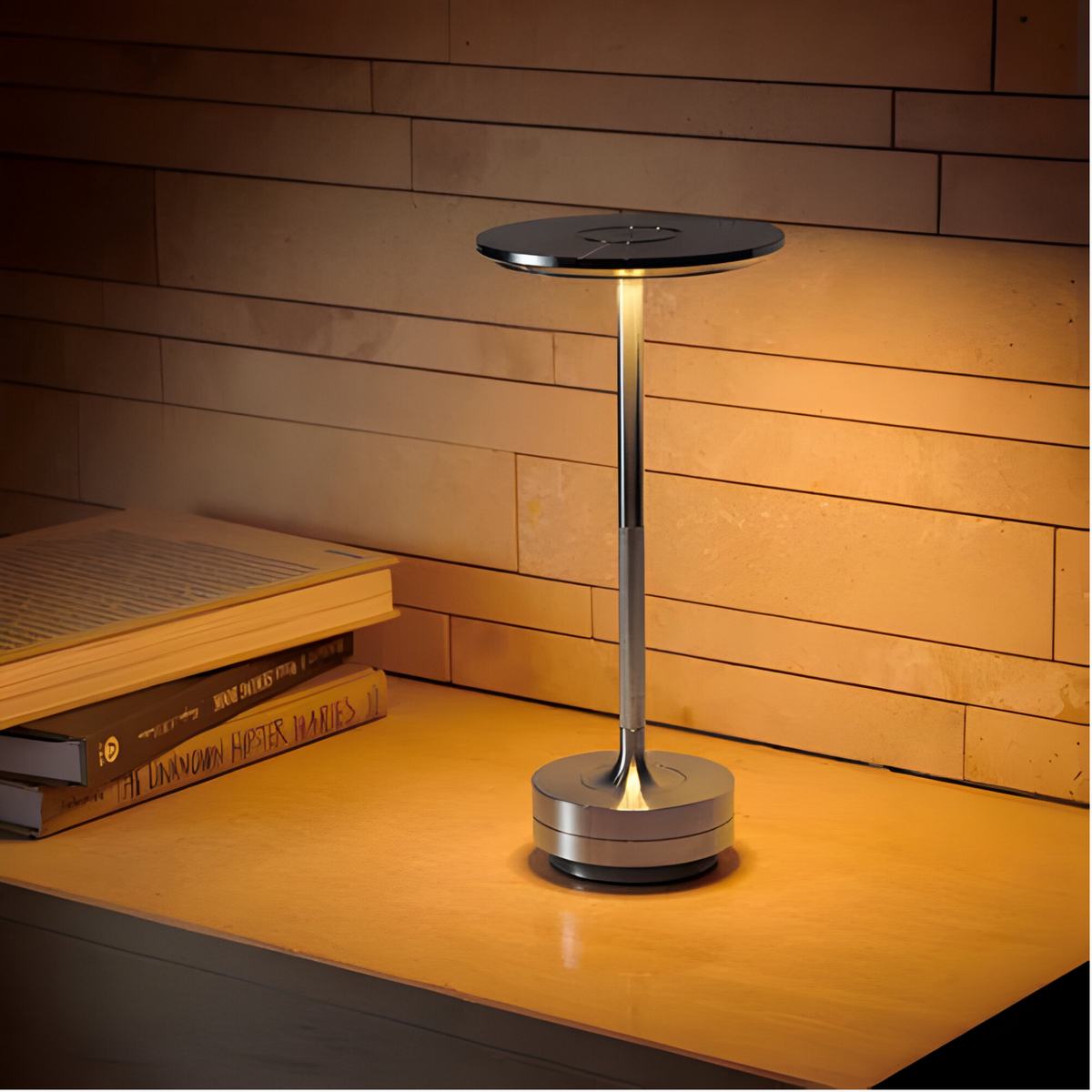 Rechargeable LED Table Lamp with Disc Light Head and Metal Base for Desk Use