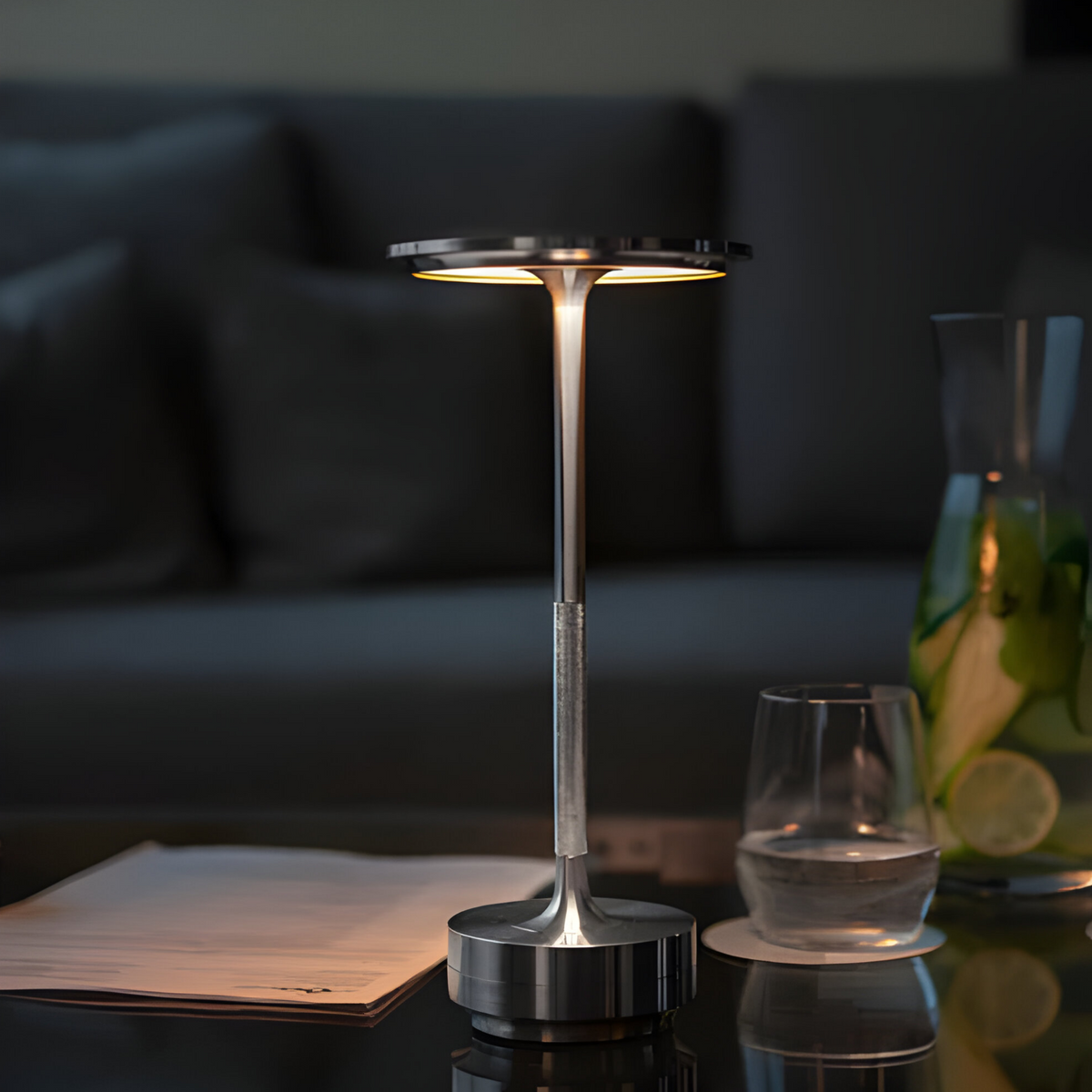 Rechargeable LED Table Lamp with Disc Light Head and Metal Base for Desk Use