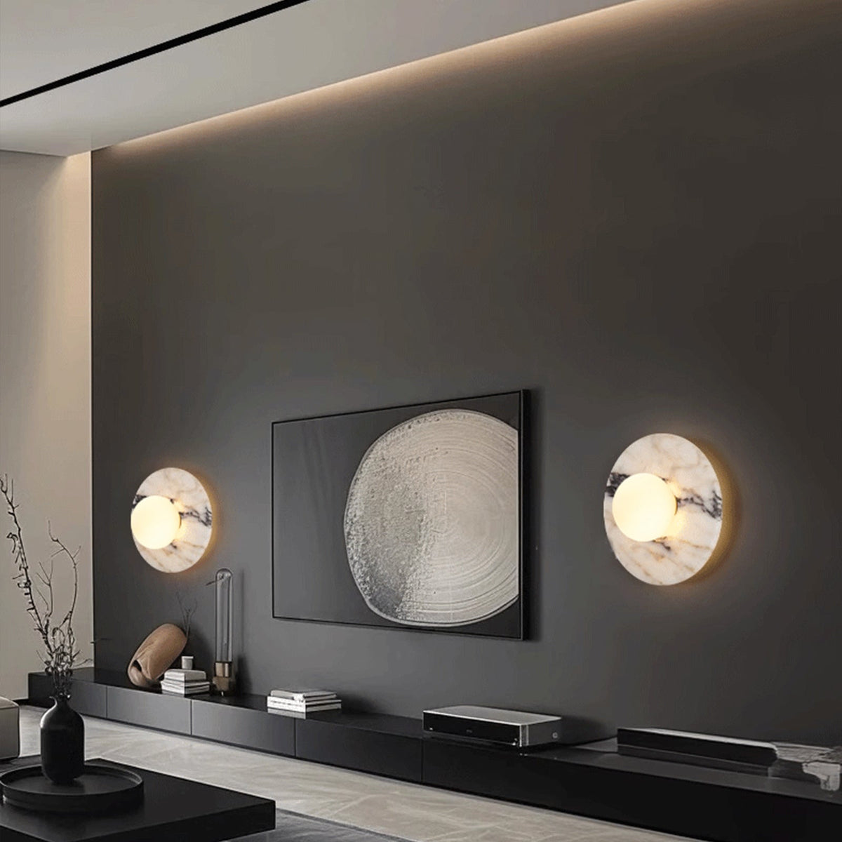 Marble Wall Light with Round Backplate and Frosted Glass Globe Shade