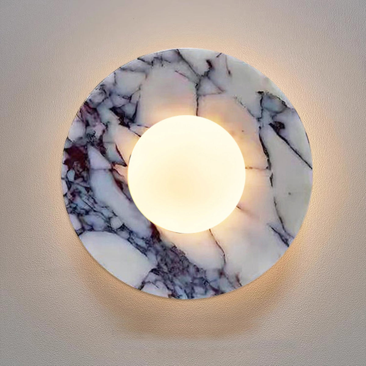 Marble Wall Light with Round Backplate and Frosted Glass Globe Shade