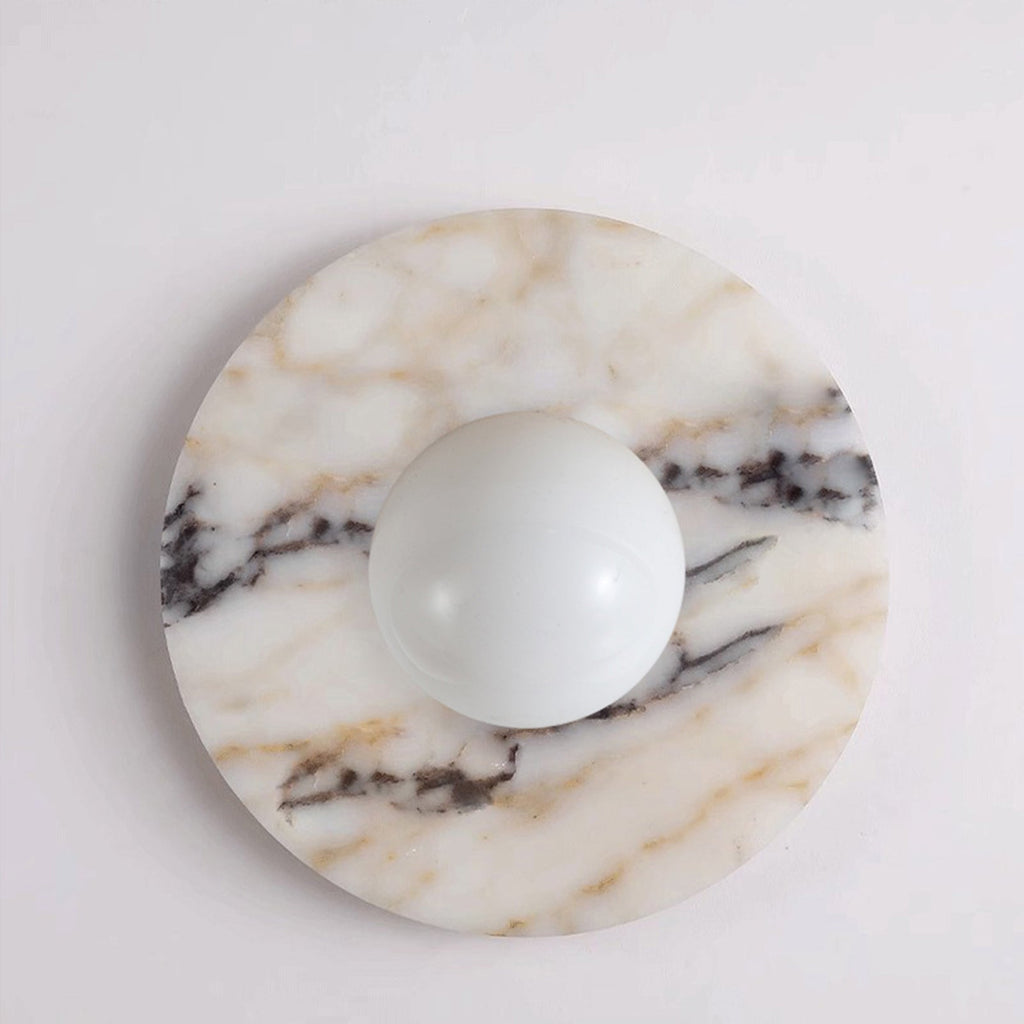 Marble Wall Light with Round Backplate and Frosted Glass Globe Shade