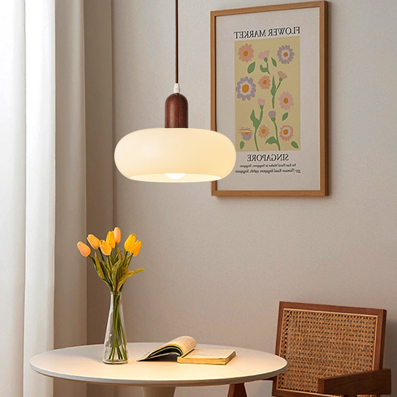 Nordic Cream Glass Pendant Light With Wooden Cap And Adjustable Suspension