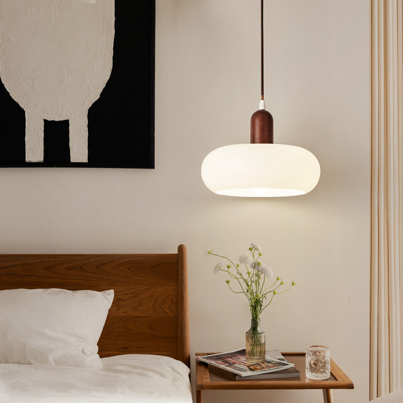 Nordic Cream Glass Pendant Light With Wooden Cap And Adjustable Suspension