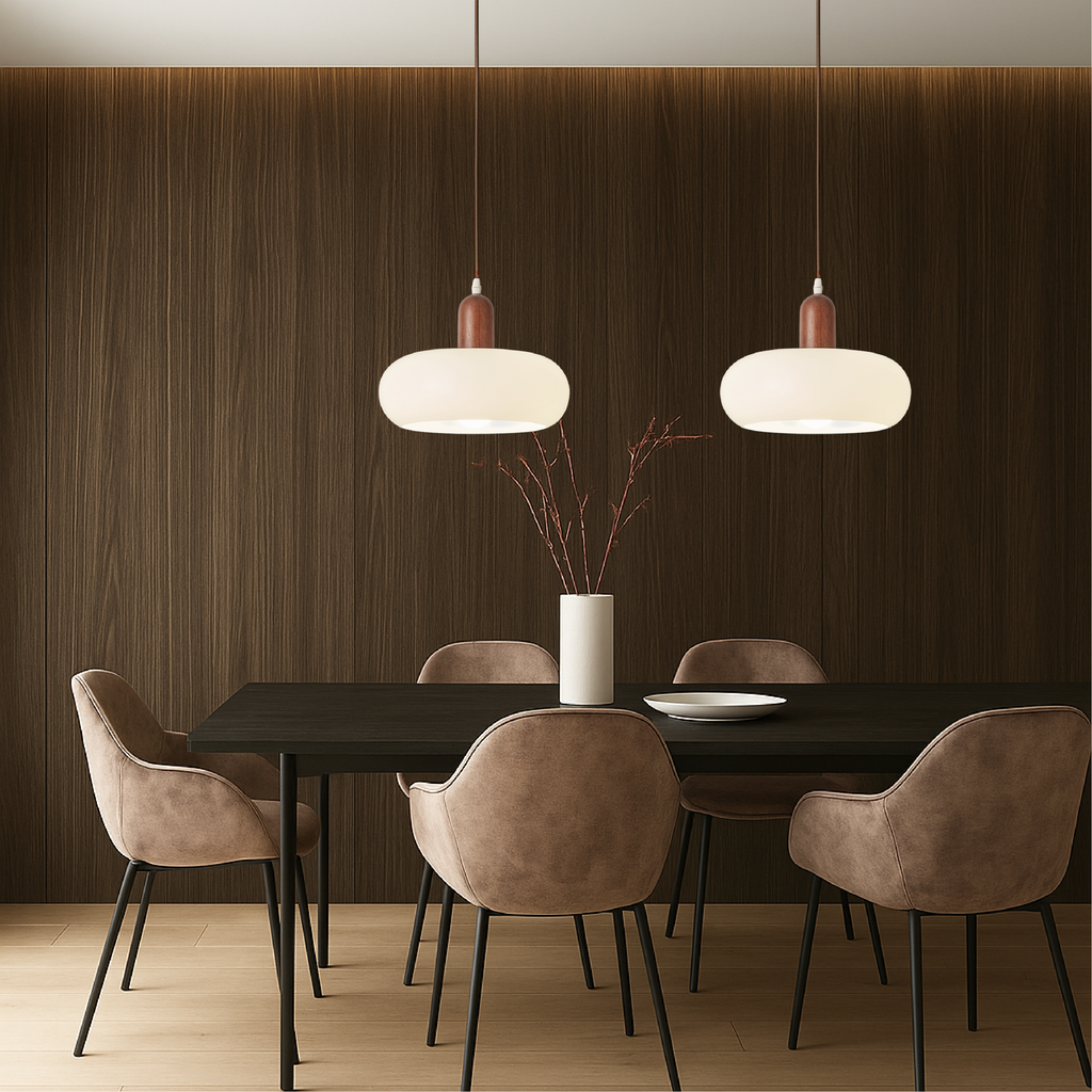 Nordic Cream Glass Pendant Light With Wooden Cap And Adjustable Suspension