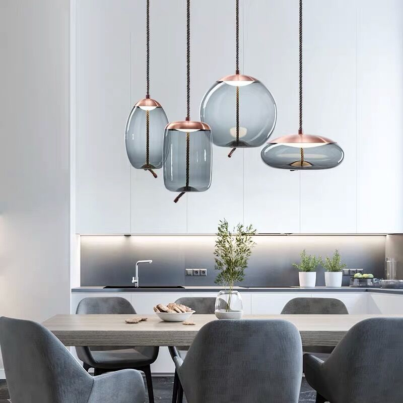 Rose Gold Smoked Glass Pendant Light Height Adjustable Ceiling Lamp