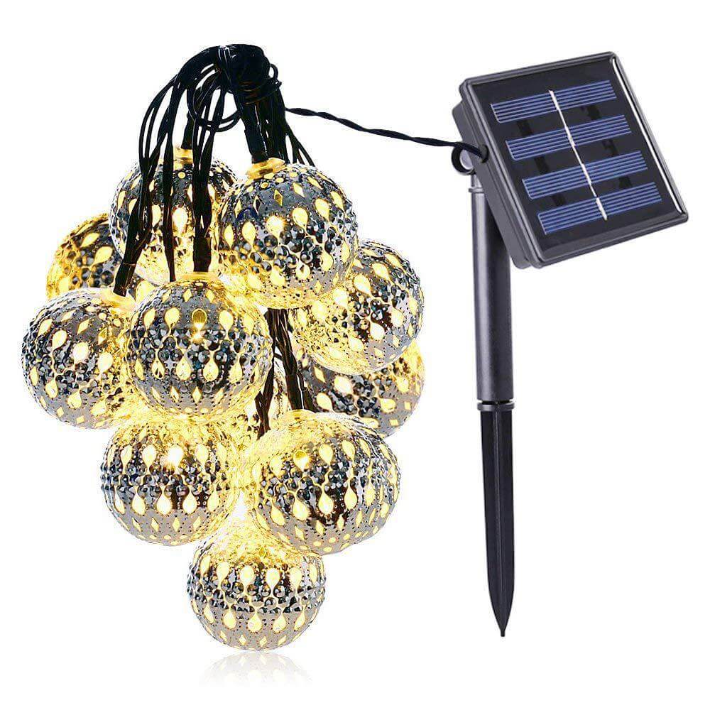 Solar Powered Garden String Lights With Moroccan Patterned Ball Lanterns