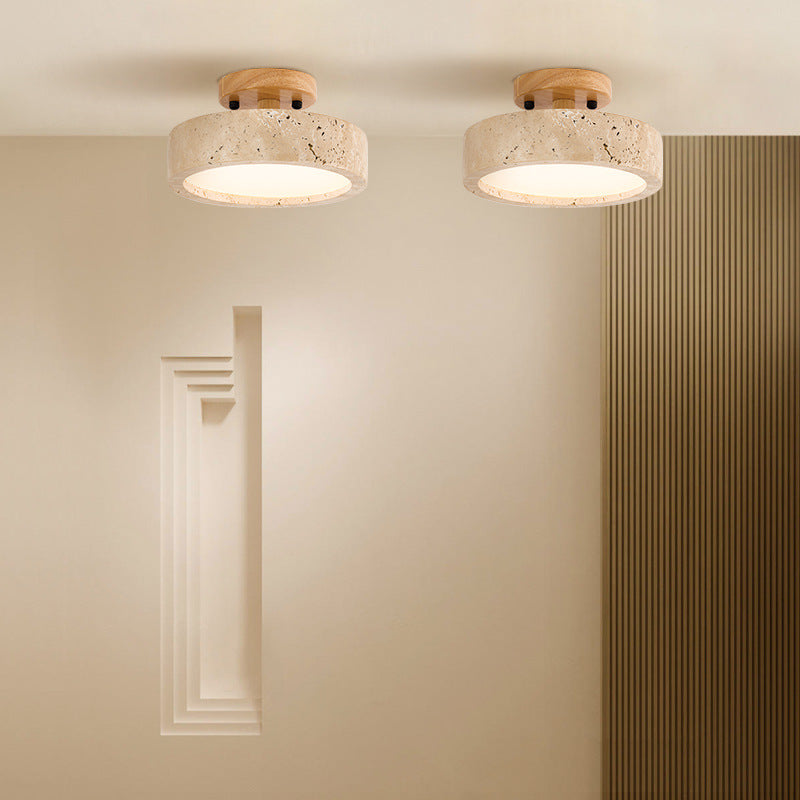 Round Travertine LED Ceiling Light With Wooden Mount for Indoor Lighting