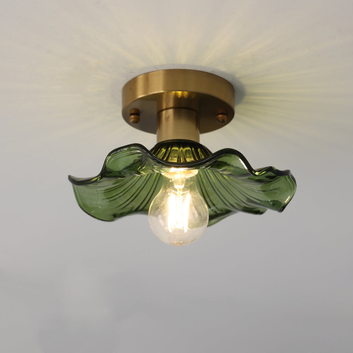 Vintage Floral Glass Ceiling Light Hibiscus Petal Shade Brass Fixture