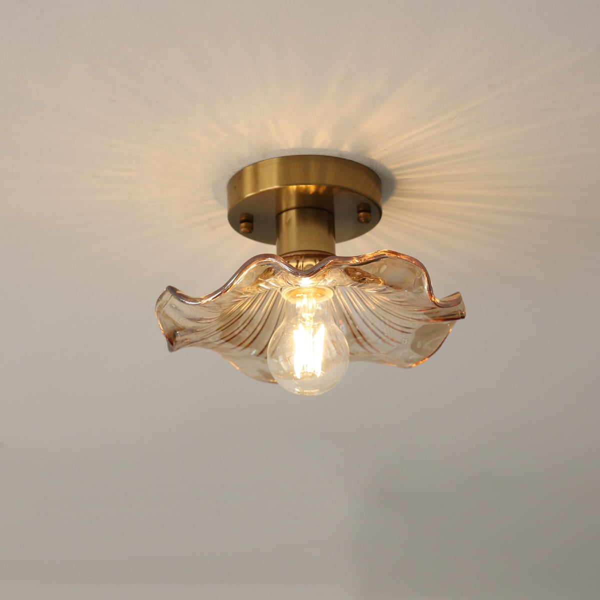 Vintage Floral Glass Ceiling Light Hibiscus Petal Shade Brass Fixture