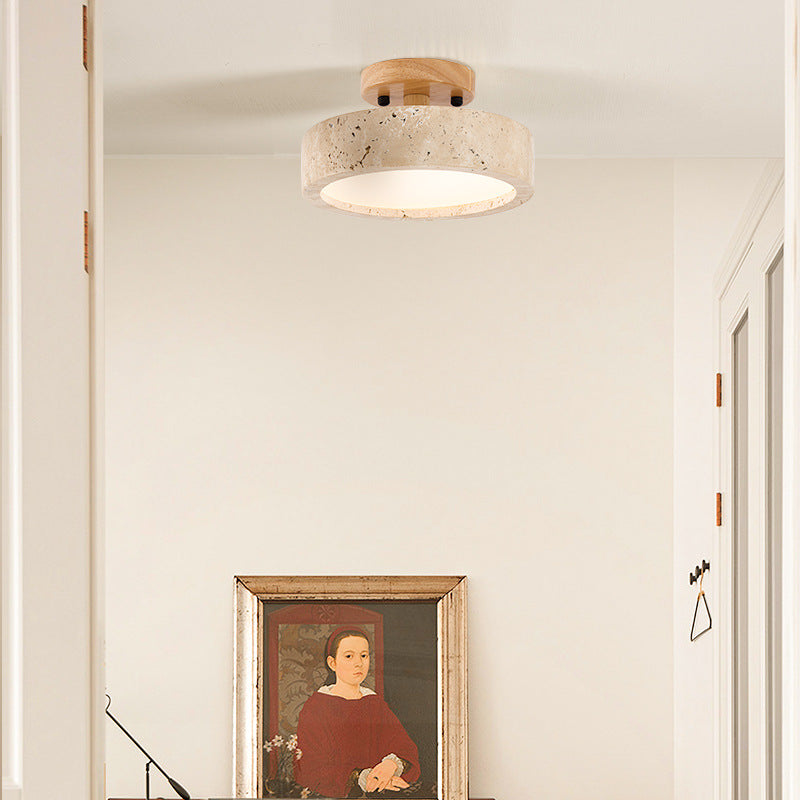 Round Travertine LED Ceiling Light With Wooden Mount for Indoor Lighting