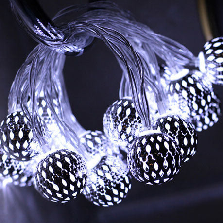 Solar Powered Garden String Lights With Moroccan Patterned Ball Lanterns