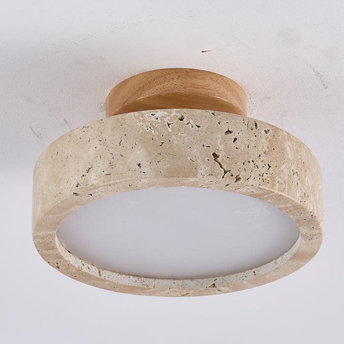 Round Travertine LED Ceiling Light With Wooden Mount for Indoor Lighting