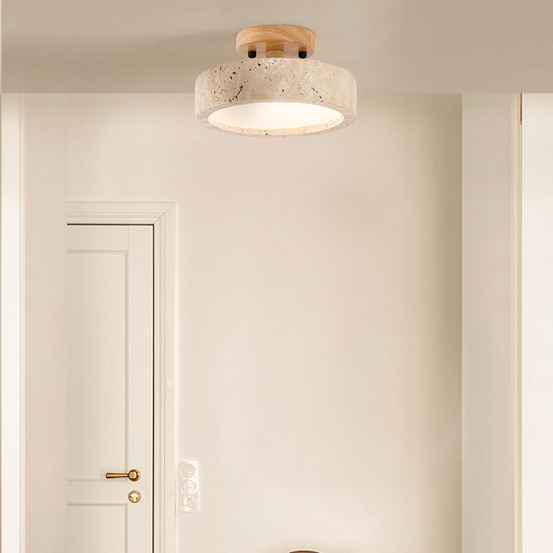 Round Travertine LED Ceiling Light With Wooden Mount for Indoor Lighting