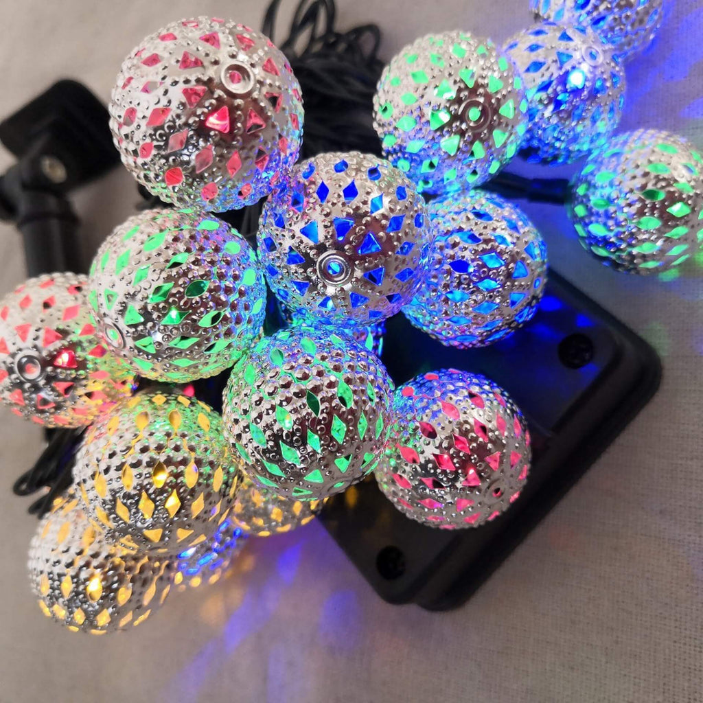 Solar Powered Garden String Lights With Moroccan Patterned Ball Lanterns