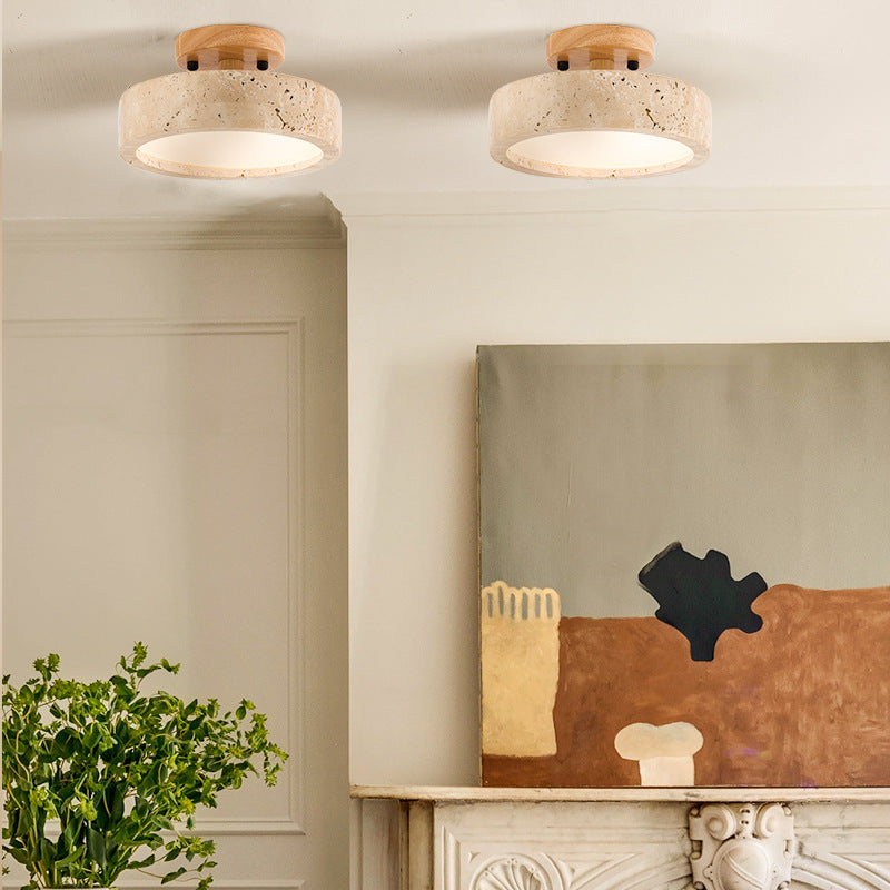 Round Travertine LED Ceiling Light With Wooden Mount for Indoor Lighting