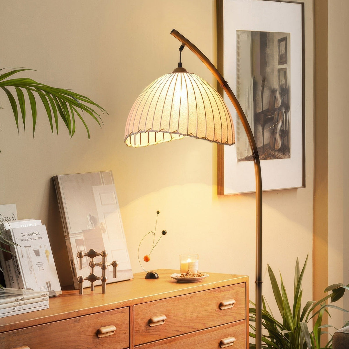 Aesthetic Curved Bamboo Floor Lamp With Pleated Linen Shade