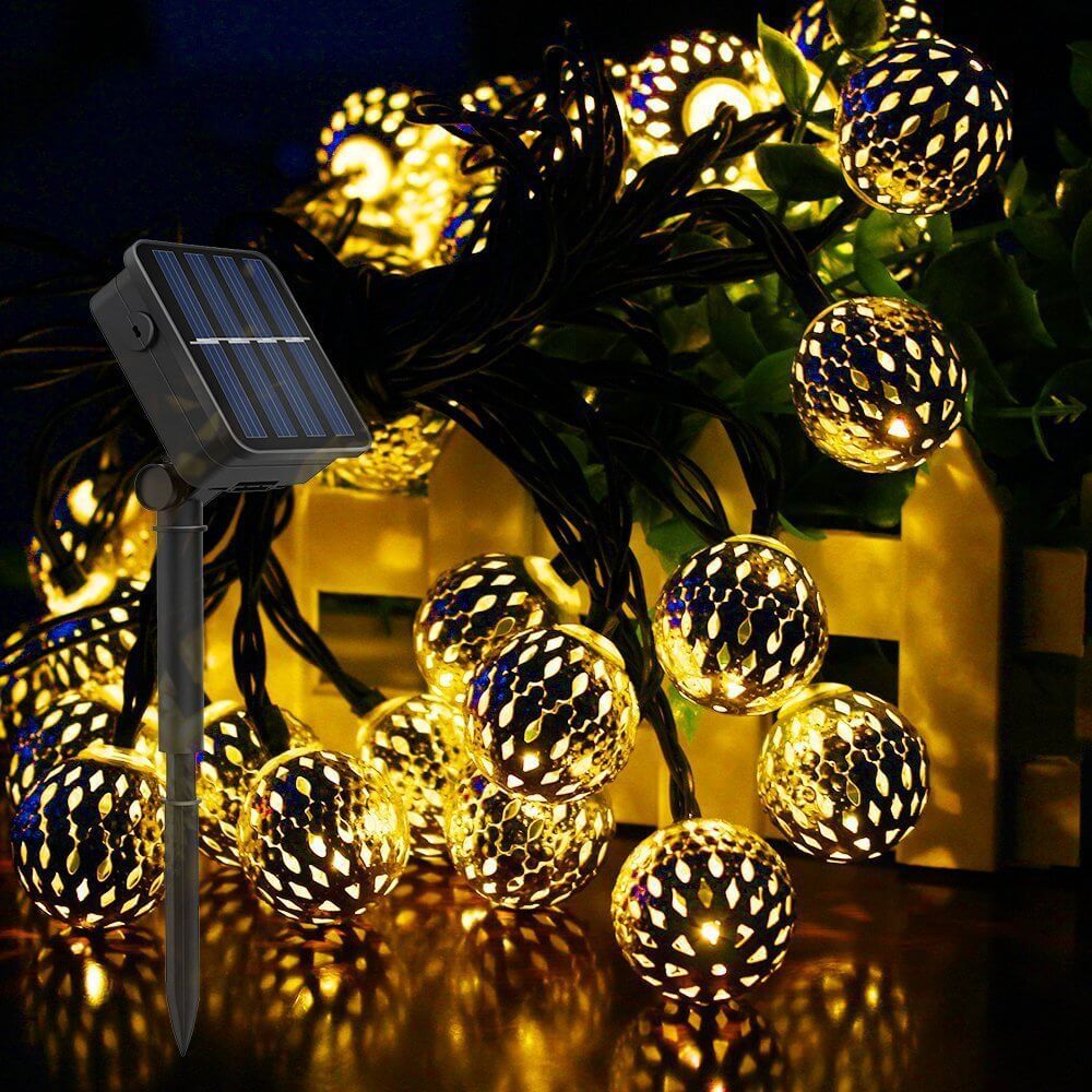 Solar Powered Garden String Lights With Moroccan Patterned Ball Lanterns