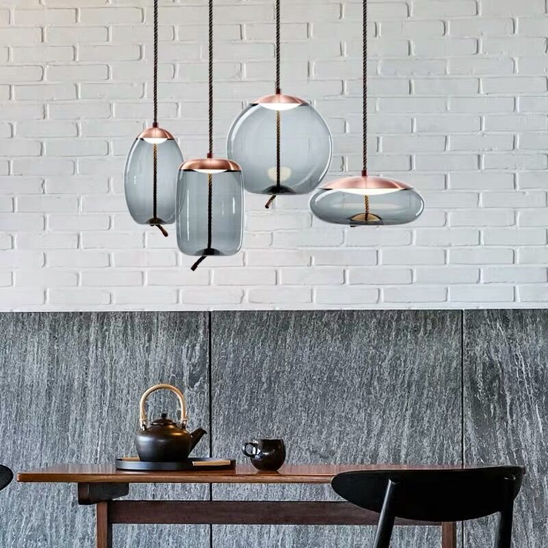 Rose Gold Smoked Glass Pendant Light Height Adjustable Ceiling Lamp
