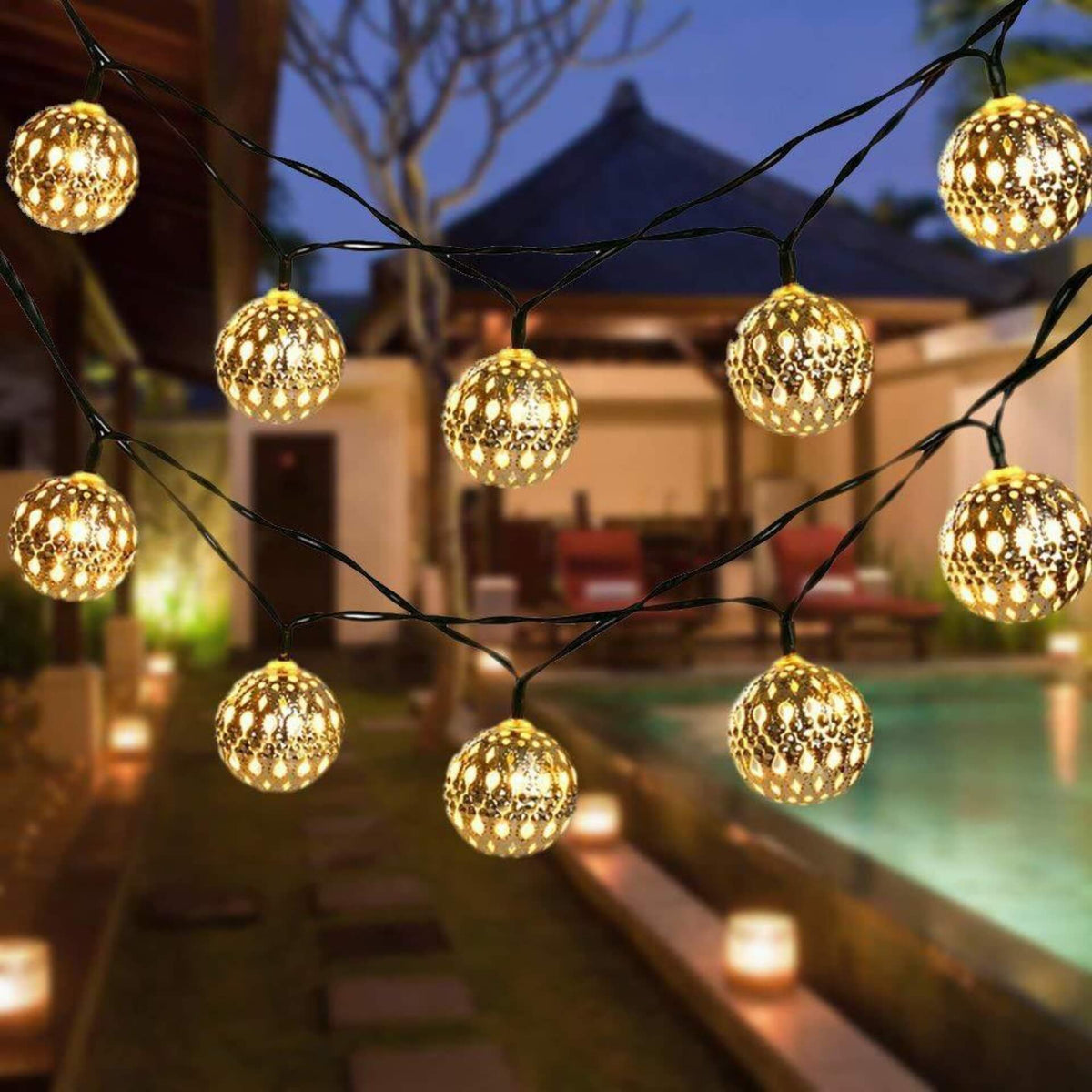 Solar Powered Garden String Lights With Moroccan Patterned Ball Lanterns