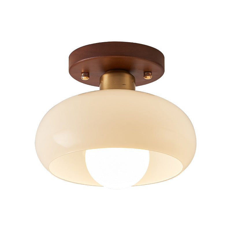 Wood And Cream Glass LED Flush Mount Ceiling Light