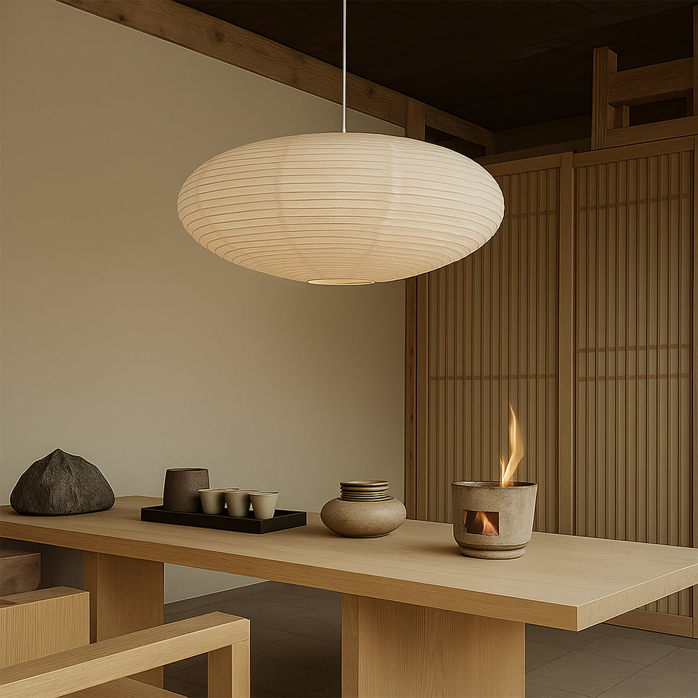 Oval Handmade Paper Pendant Light With Horizontal Lined Shade for Soft Lighting