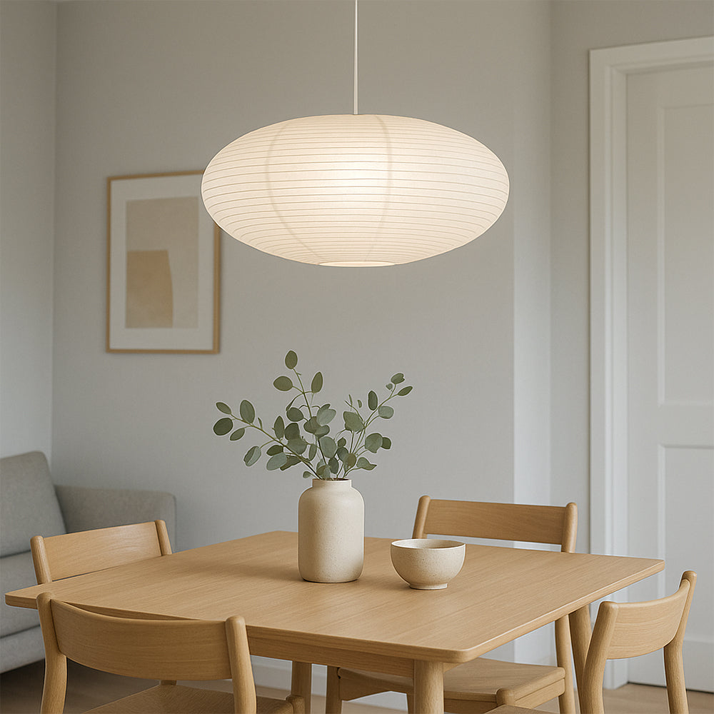 Oval Handmade Paper Pendant Light With Horizontal Lined Shade for Soft Lighting