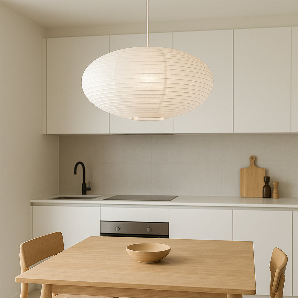 Oval Handmade Paper Pendant Light With Horizontal Lined Shade for Soft Lighting