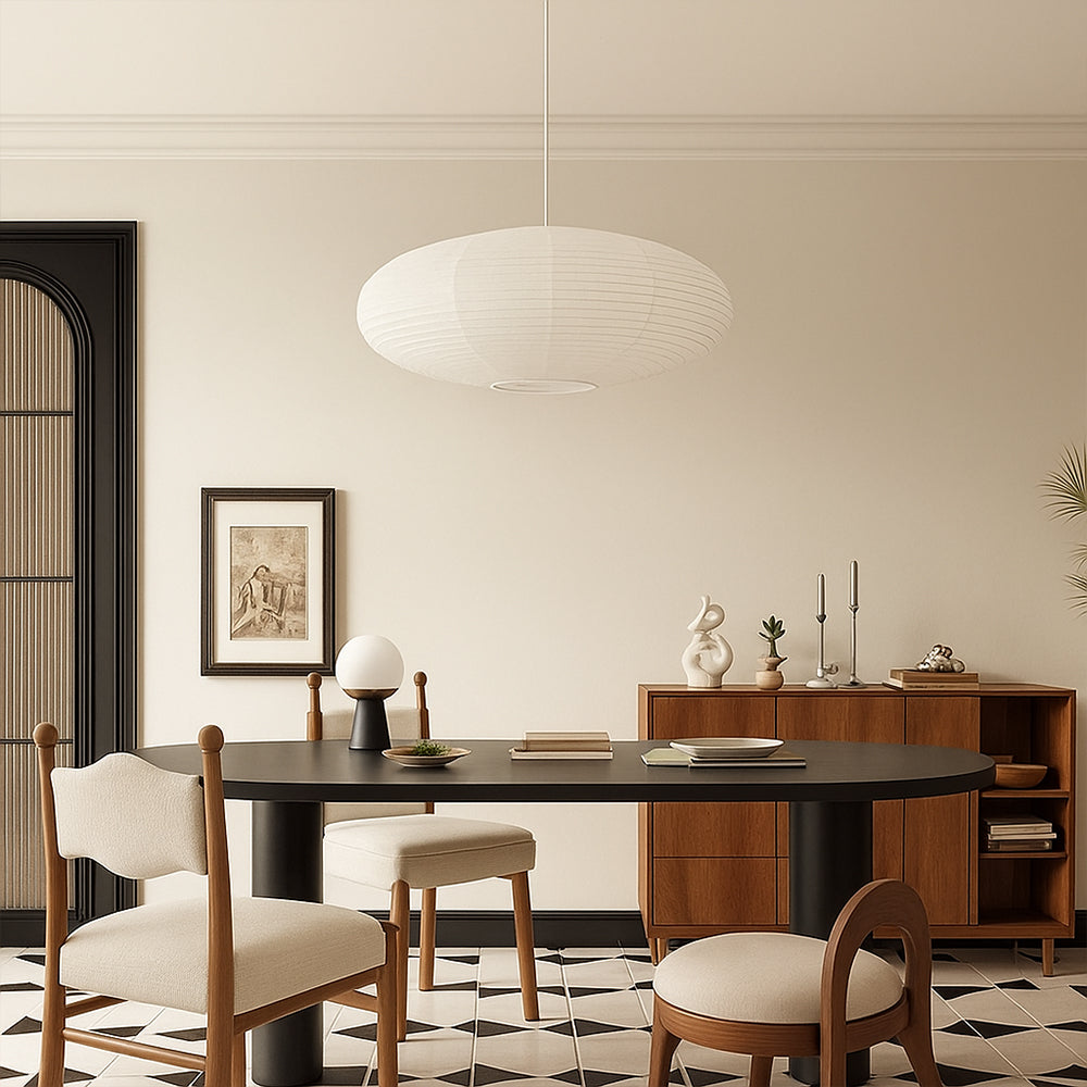 Oval Handmade Paper Pendant Light With Horizontal Lined Shade for Soft Lighting