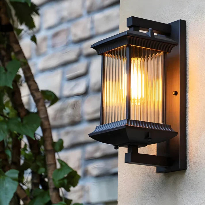 Modern Outdoor Wall Lantern Light with Fluted Glass Coffee Brown Finish