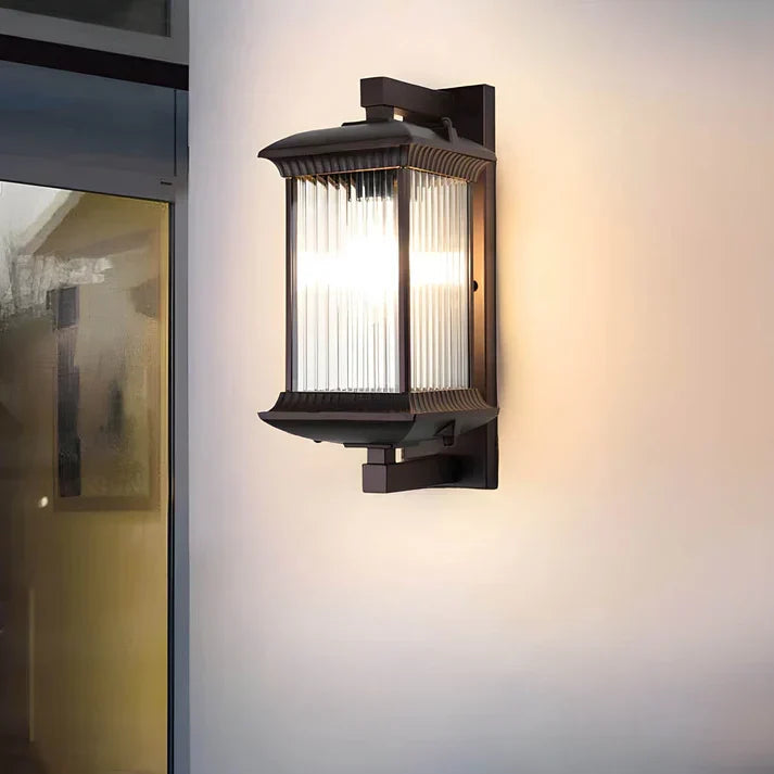 Modern Outdoor Wall Lantern Light with Fluted Glass Coffee Brown Finish