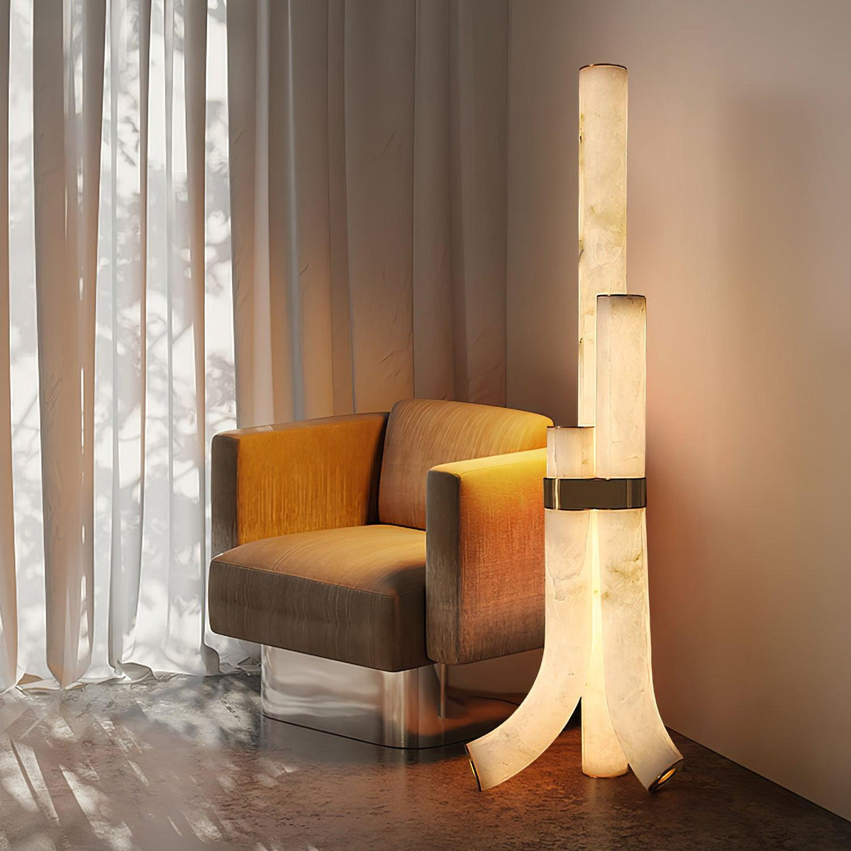 Stone Floor Lamp With Tall Alabaster Light Panels for Ambient Lighting