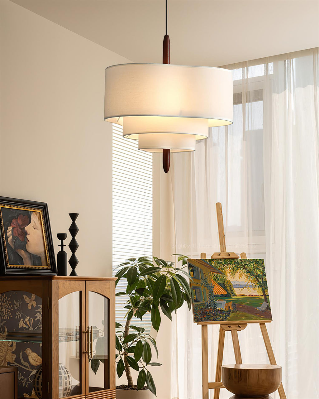 Layered Linen Drum Pendant Light With Diffused Ambient Lighting