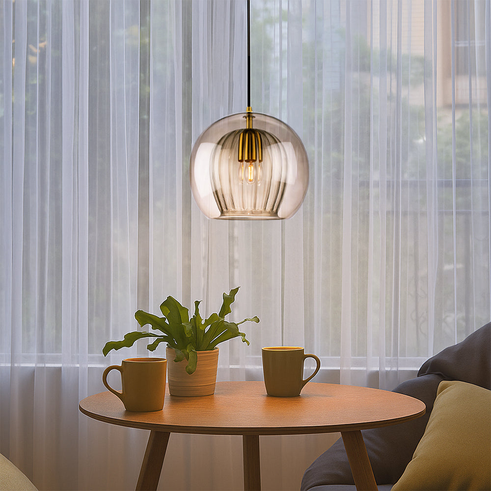 Round Glass Ceiling Pendant Light With Brass Tone Fitting for Ambient Lighting
