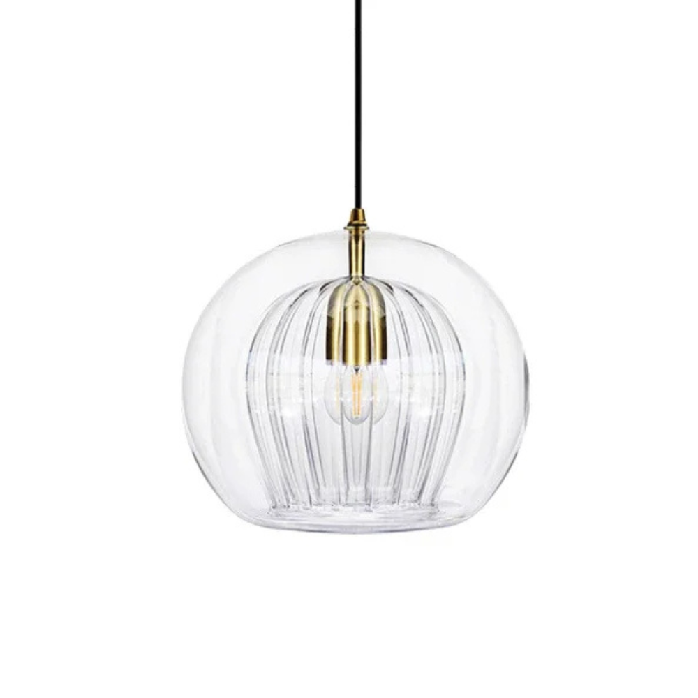 Round Glass Ceiling Pendant Light With Brass Tone Fitting for Ambient Lighting